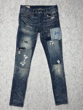 Polo Ralph Lauren Tompkins Skinny Jeans Sz 28 Patchwork Distressed Sashiko Blue